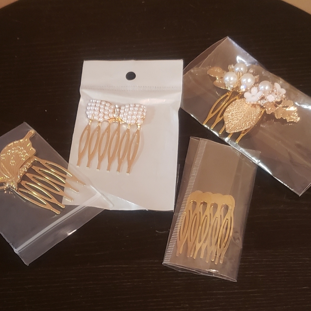 Gold Crystal Pearl Rhinestone Metal Hair Side Comb